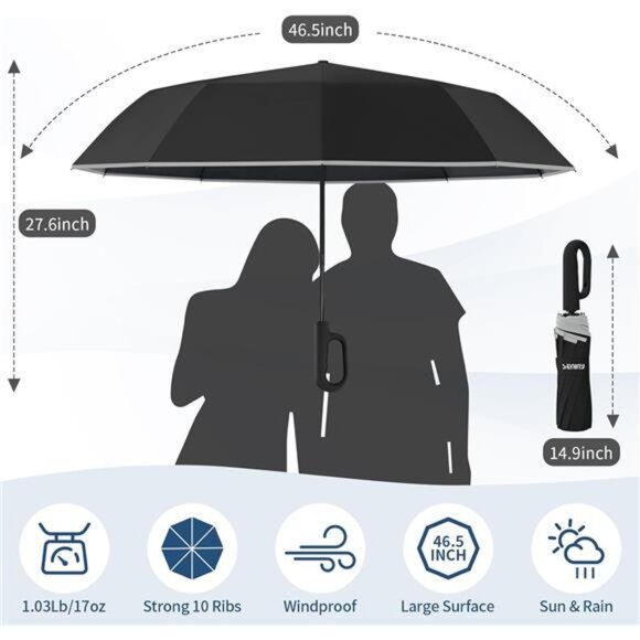 Windproof Travel Umbrella Large Compact Automatic UV Protection Rain Umbrella - Picture 2 of 8